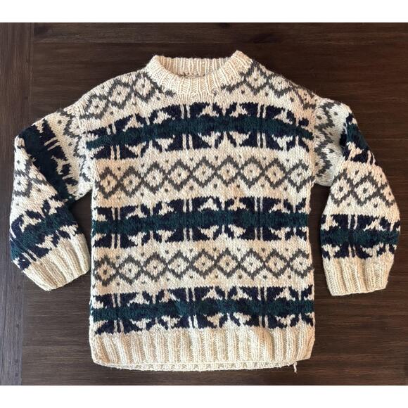 Llama Wool Sweater Mens Large Cream Green Hand Knit Ecuador Crewneck Chunky - Picture 1 of 9